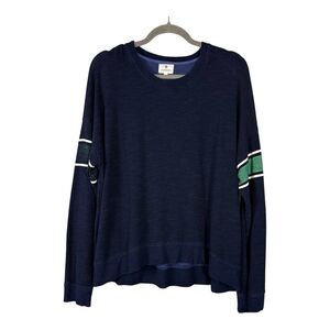 Sundry Navy Crewneck Sweater Sweatshirt Top Stripe Accent Sleeves Women M (2)